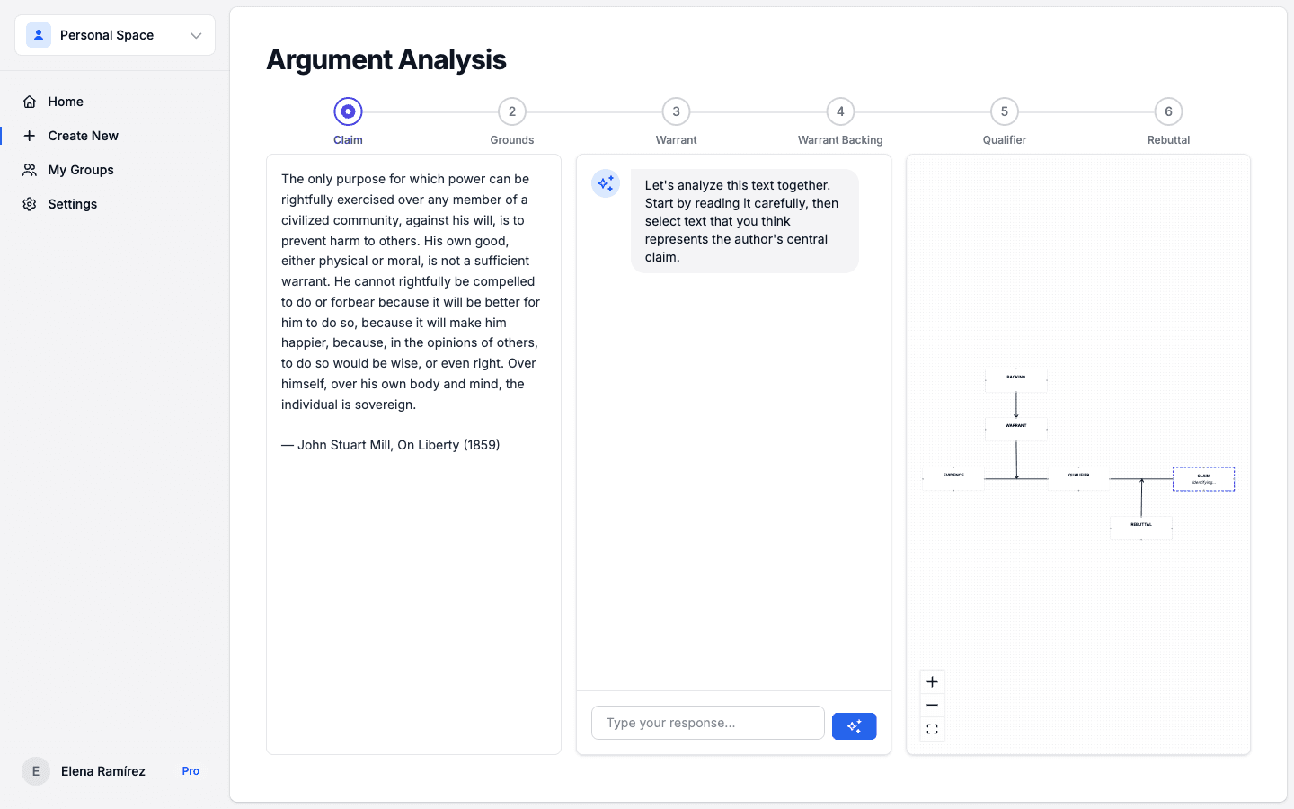 Analysis Mode three-panel layout with source text, AI guide, and an emerging Toulmin diagram