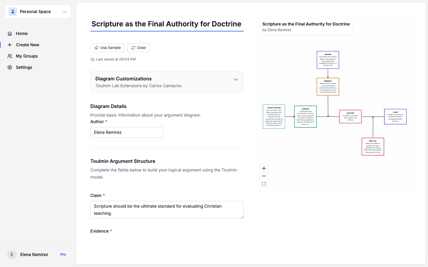 Manual diagram builder with a form on the left and a live 7-part Toulmin diagram on the right
