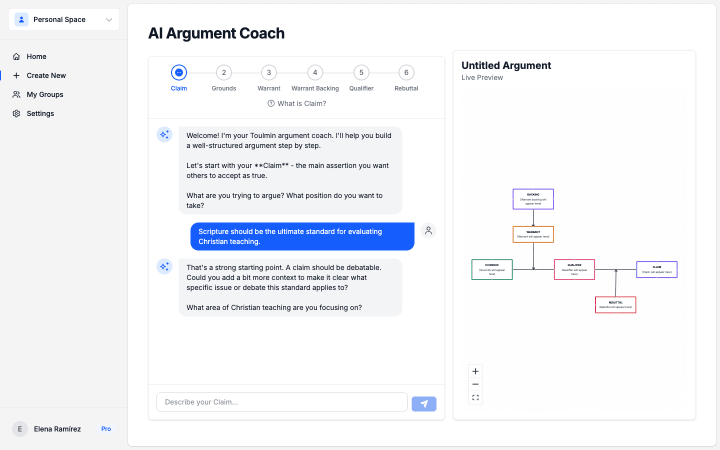 AI Coach chat walking a student through a claim with a step bar and live argument diagram